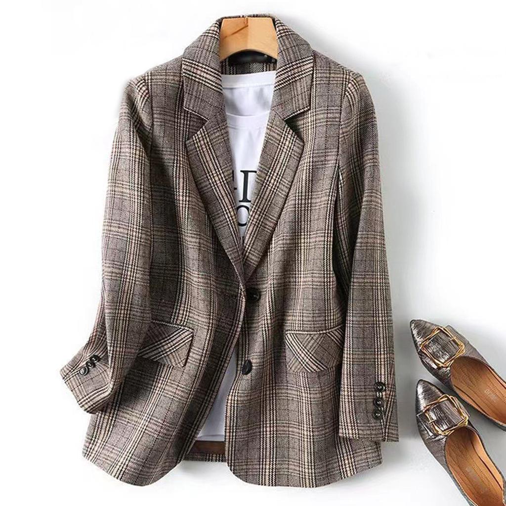 Women's Fashion British Style Loose Casual Plaid Small Suit Jacket