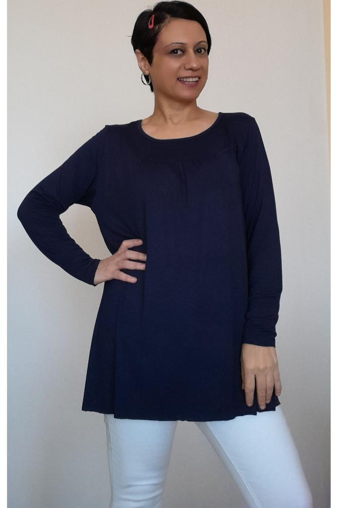 Женская стильная футболка большого размера, темно-синяя футболка из вискозы из чесаного хлопка со сборками, с укороченной передней и задней частью