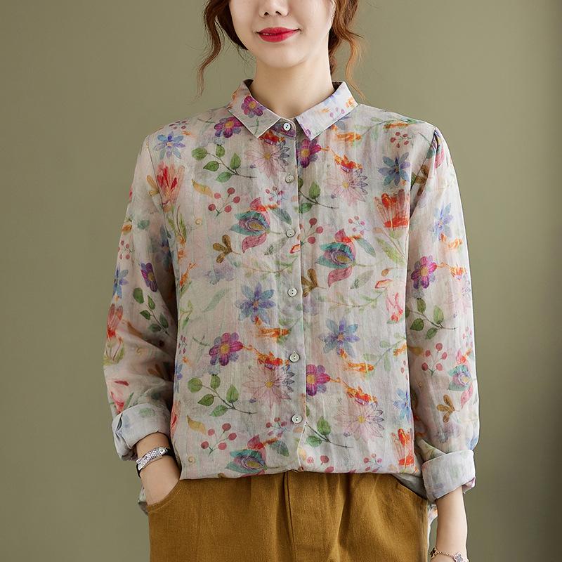 Spring Cotton and Linen Retro Loose Long Sleeved Collared Shirt Top for Women