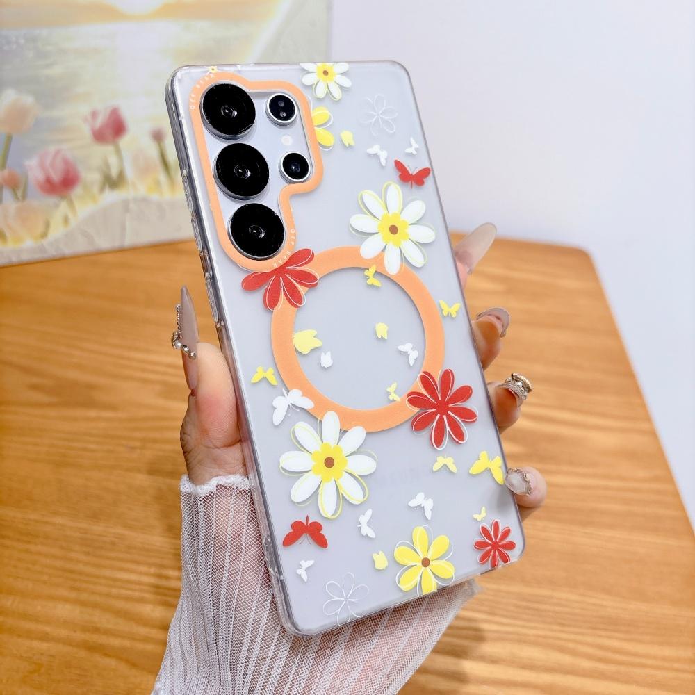 Мультяшный цветок для чехла Magsafe для Samsung Galaxy S26 S25 S23 Ultra S24 Plus Магнитная беспроводная зарядка Прозрачная матовая крышка