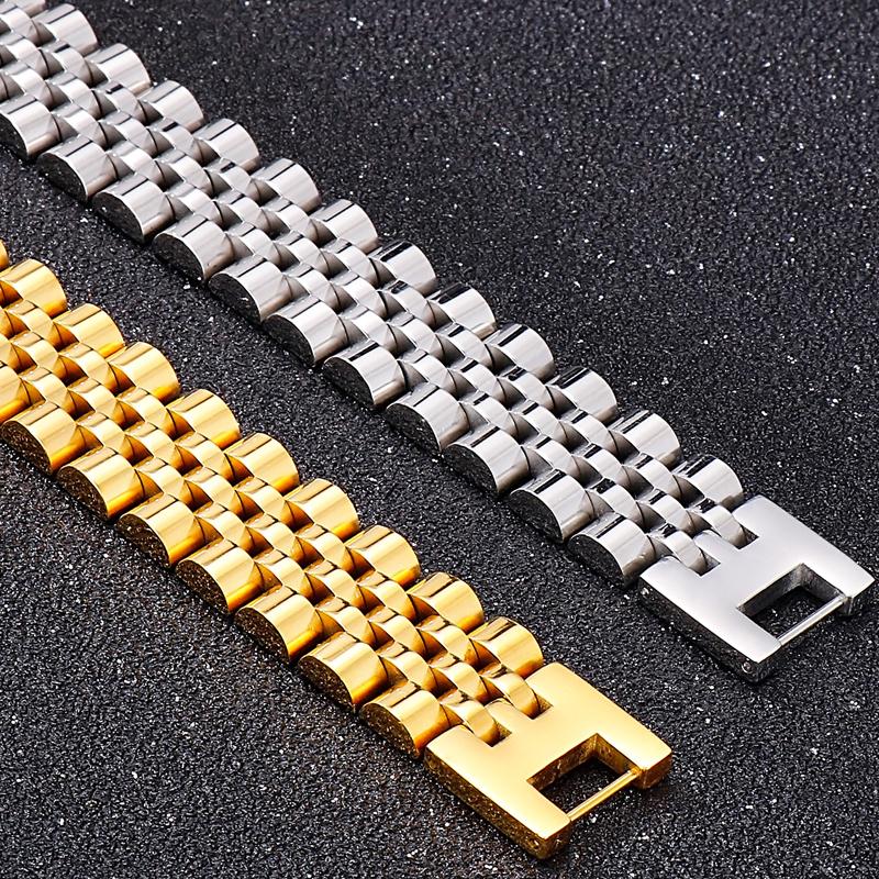 15 мм шириной 7/8/9 дюймов длиной браслет в стиле цепочки для часов для мужчин золотой цвет нержавеющая сталь мужской браслет ювелирные изделия для мальчиков аксессуары