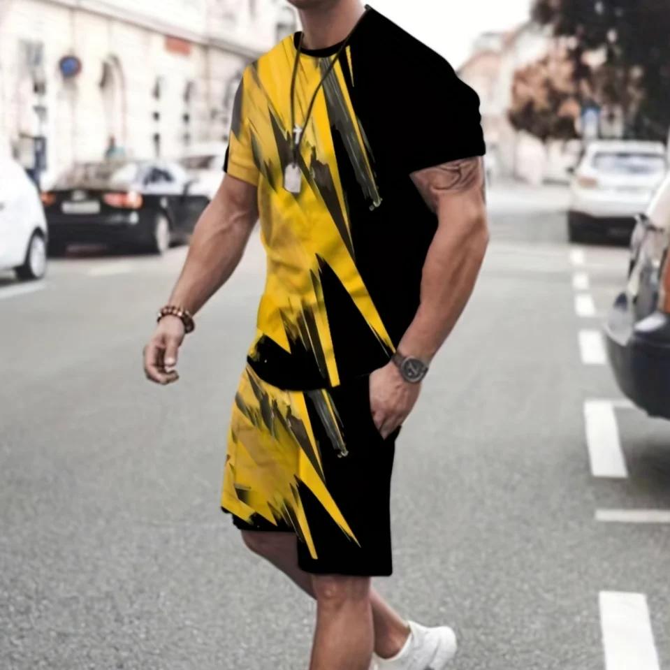 Мужской летний повседневный комплект из двух предметов с 3D-дизайном в виде пламени