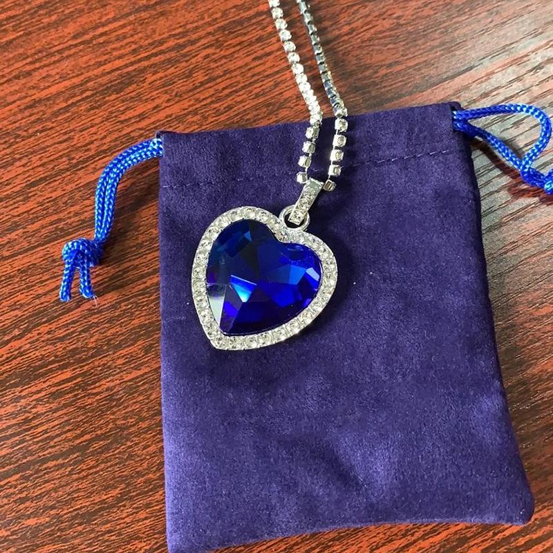 Royal Blue Heart of Ocean Pendant Necklaces for Women Peach Heart Blue Crystal Zircon Necklaces + Velvet Bag ARI