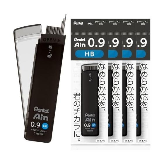 Стержни для карандаша Pentel Ain, 0,9 мм, HB, 5 упаковок, Гладкие, Устойчивые к поломке, Не размазываются