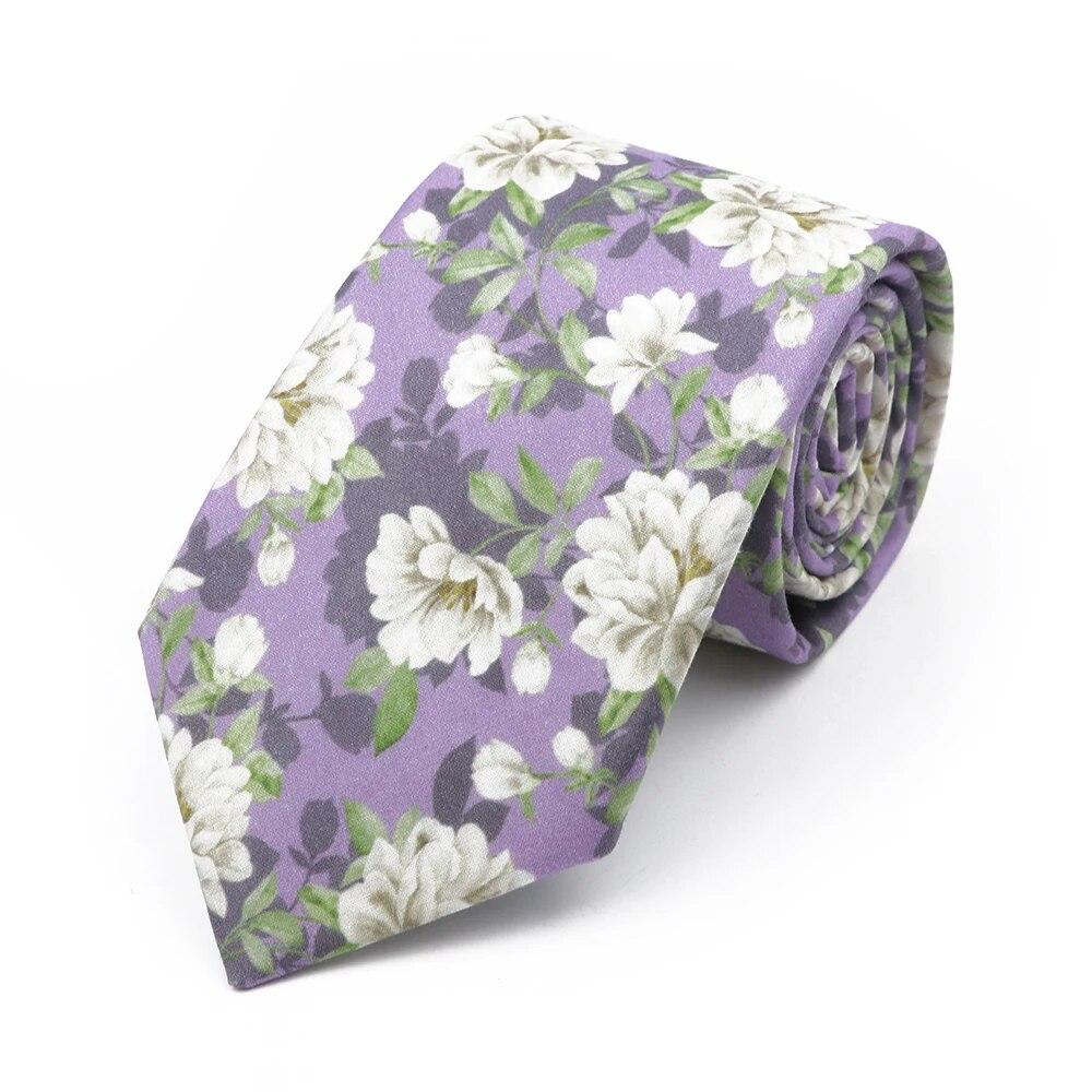 Floral Tie, For Men Women, 100% Cotton, Elegant Flower Necktie, White, Blue, Narrow Skinny, Wedding, Party