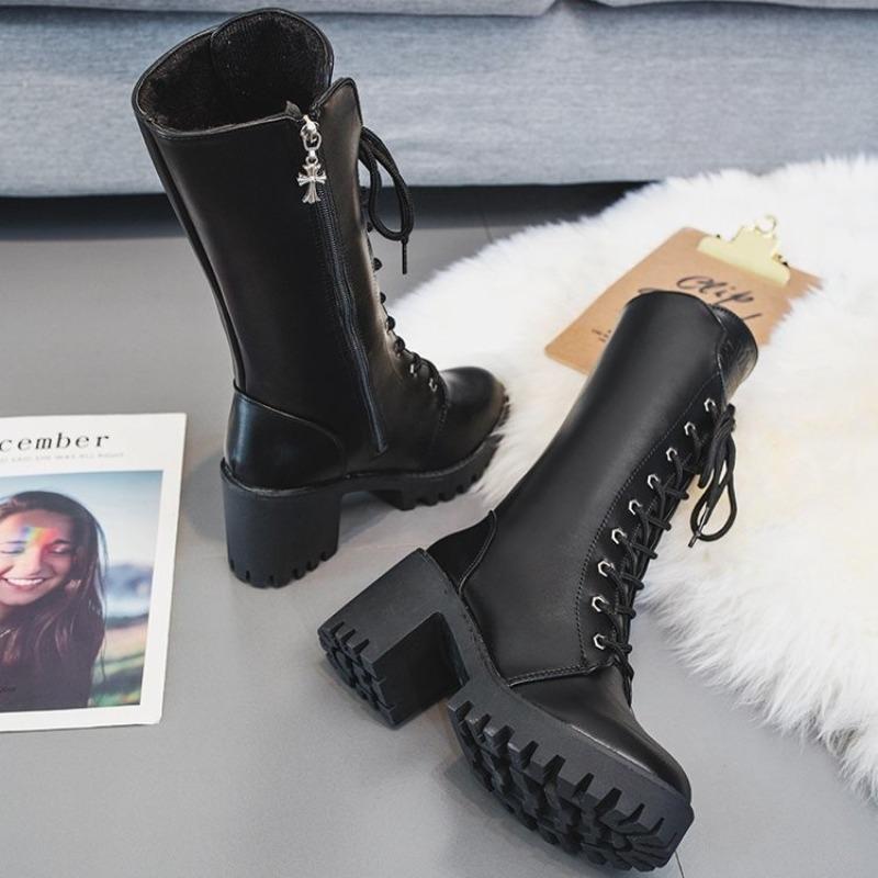 Зимние женские сапоги на толстом каблуке со шнуровкой Модная женская обувь на платформе Высокие женские сапоги на молнии Осенние туфли до середины голени