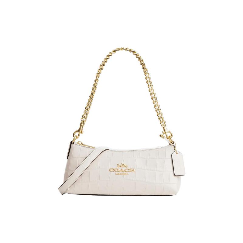 COACH Charlotte 25 Gold Logo Chain Zipper Pocket Crocodile Pattern Leather Pillow Bag Hand Crossbody Shoulder Bag Medium Women's Chalk White