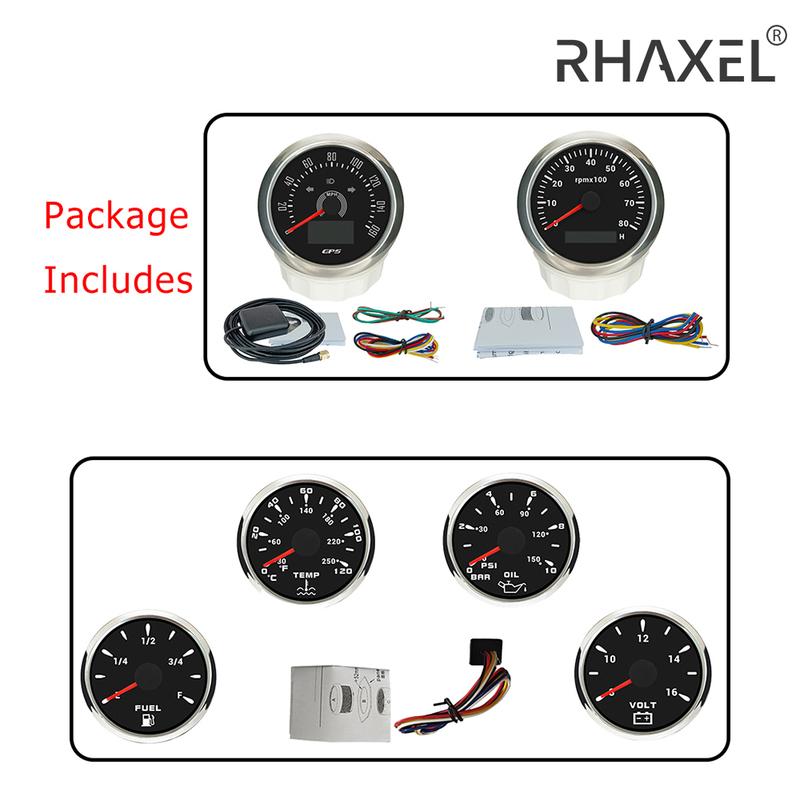 RHAXEL GPS Speedometer 160MPH 200KM/H Tachometer 8000RPM Fuel Level Water Temp. 0-120℃ Oil Pressure 0-10Bar 0-150Psi Voltmeter