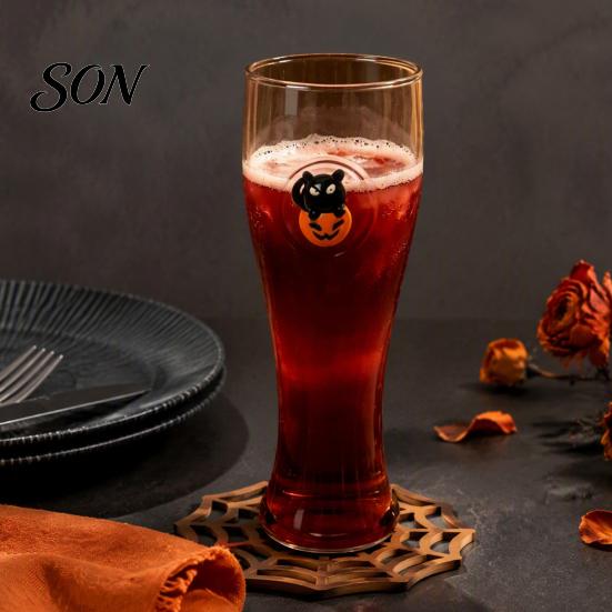 Durable Thick Glass Tumbler 400ML Beer Glass, Spooky Pumpkin Ghost Black Cat Halloween Novelty Holiday Gift for Friends Cup, Tall Glassware