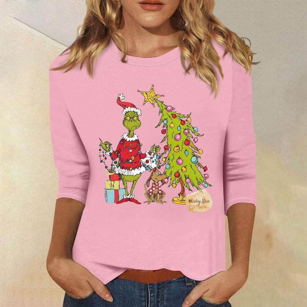 3/4 Sleeve Tops For Women T-Shirt Casual Christmas Print Tops T Shirt Round Neck Pullover Blouse
