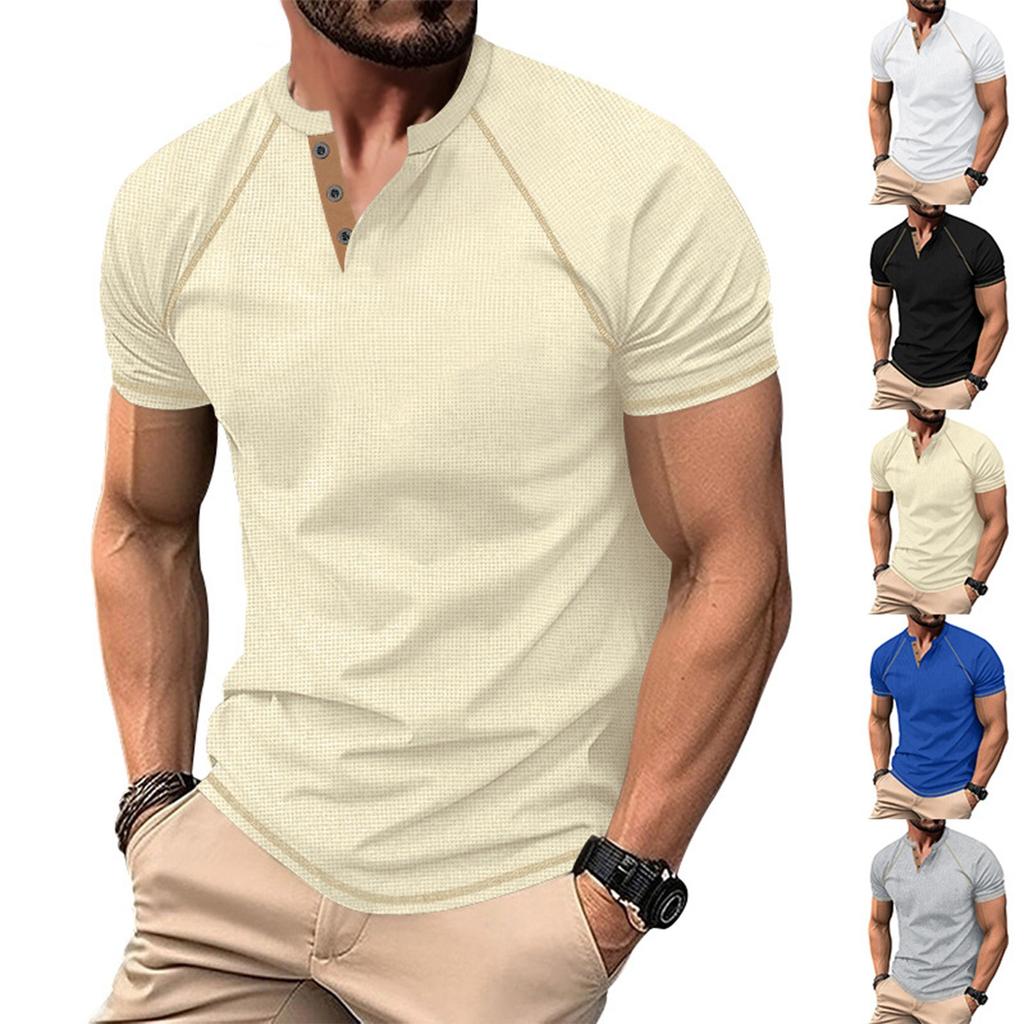 Men's Shoulder Length Short Sleeved Collar T-shirt Casual Round Neck Top