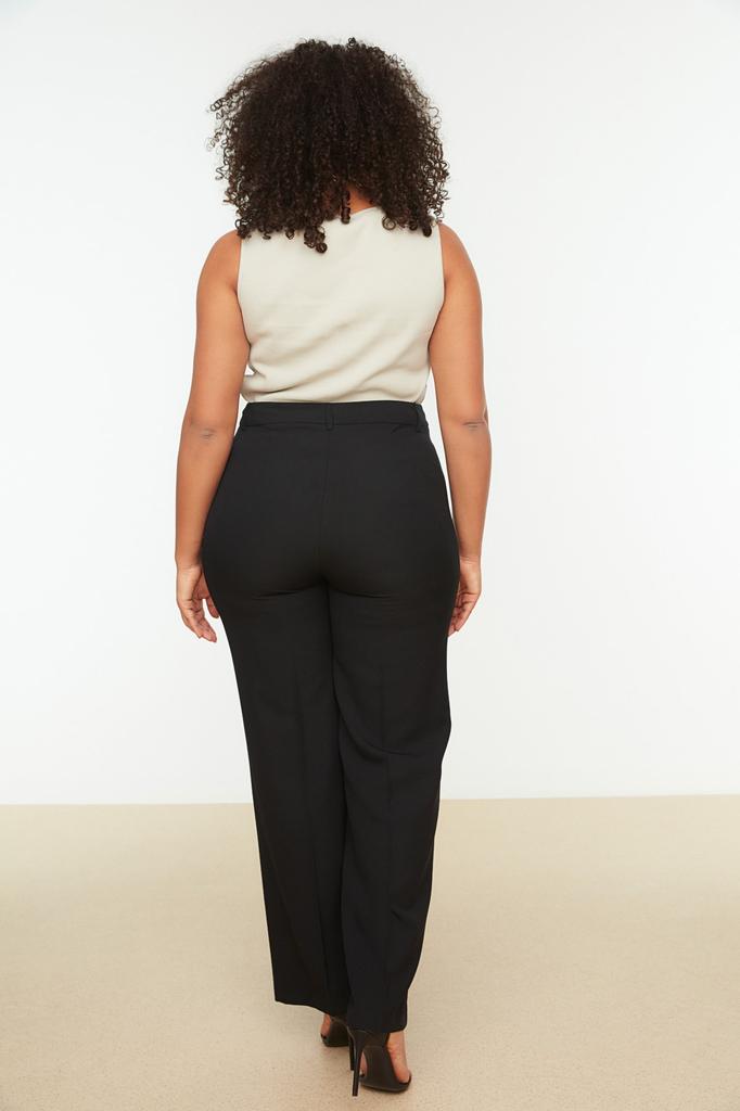 Женские стильные черные тканые брюки больших размеров с высокой талией в рубчик и расклешенными штанинами