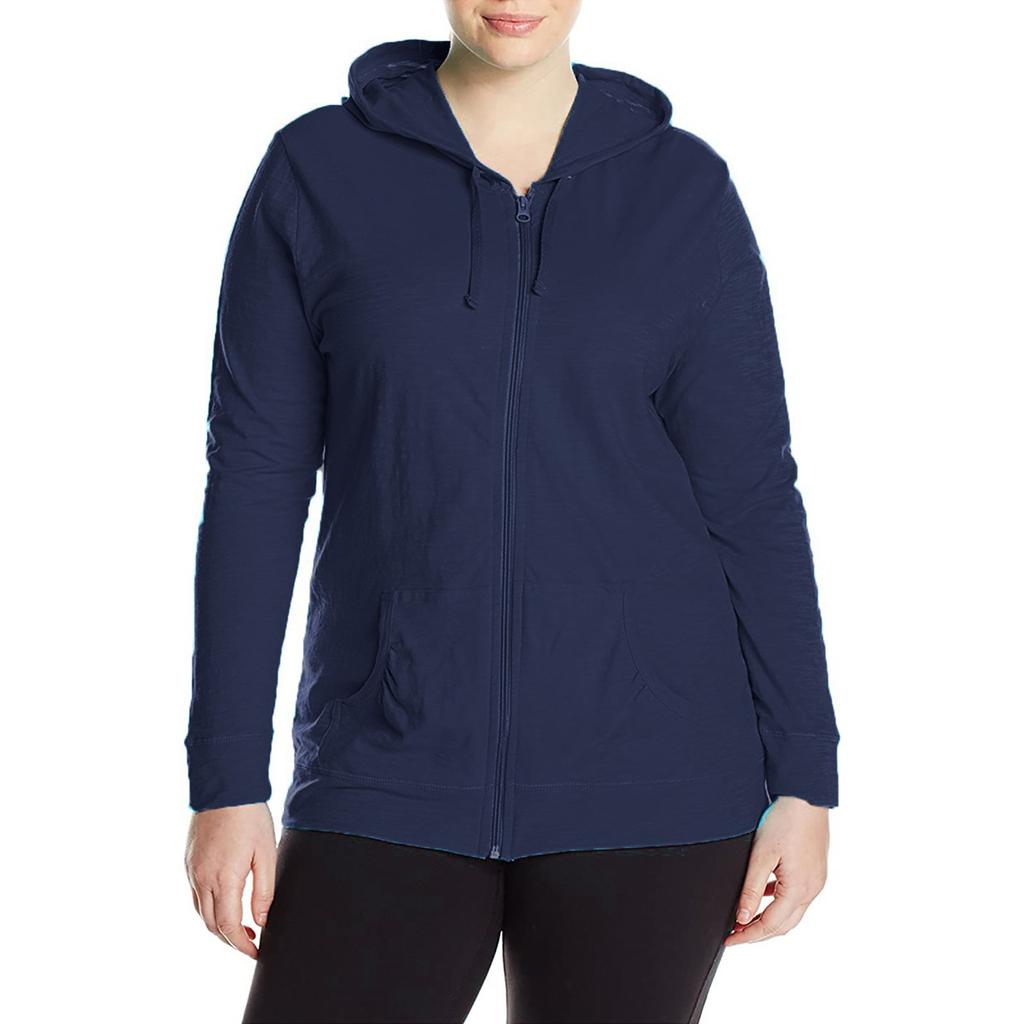 Women's Casual Solid Color Long Sleeve Loose Full Zip-Jersey Hoodie Tops Plus