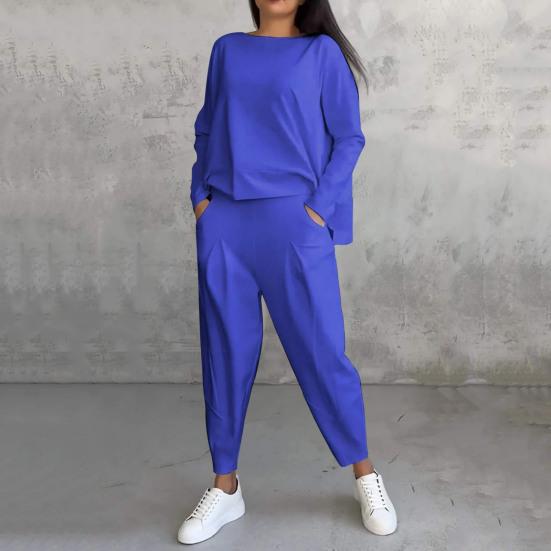 2 Pcs/Set Fall Spring Women Top Pants Set Long Sleeves O Neck T-shirt Elastic Waist Trousers with Side Pockets OL Commuting Sport Pantsuit Outfit