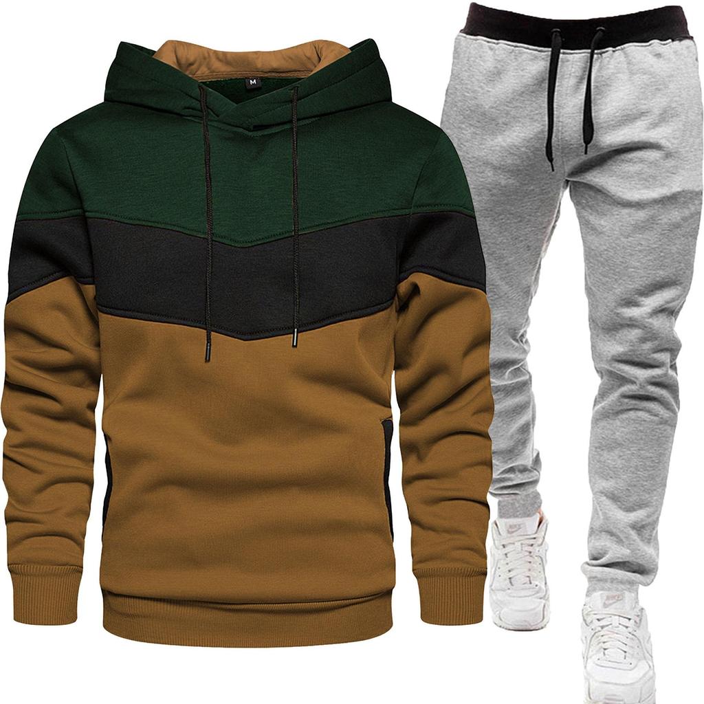 2024 Men's Fashion Spliced Hooded Sweatshirt & Long Pants Two-Piece Sports Suit for Autumn/Spring