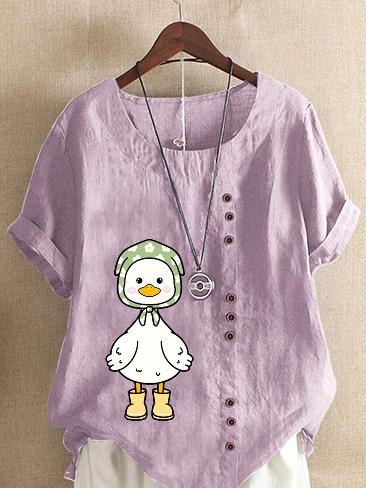 Women's Fashion Cute Duck Print Shot Sleeve T-shirt Loose Cotton Shirt Casual Loose Summer Blouse Tops Plus Size