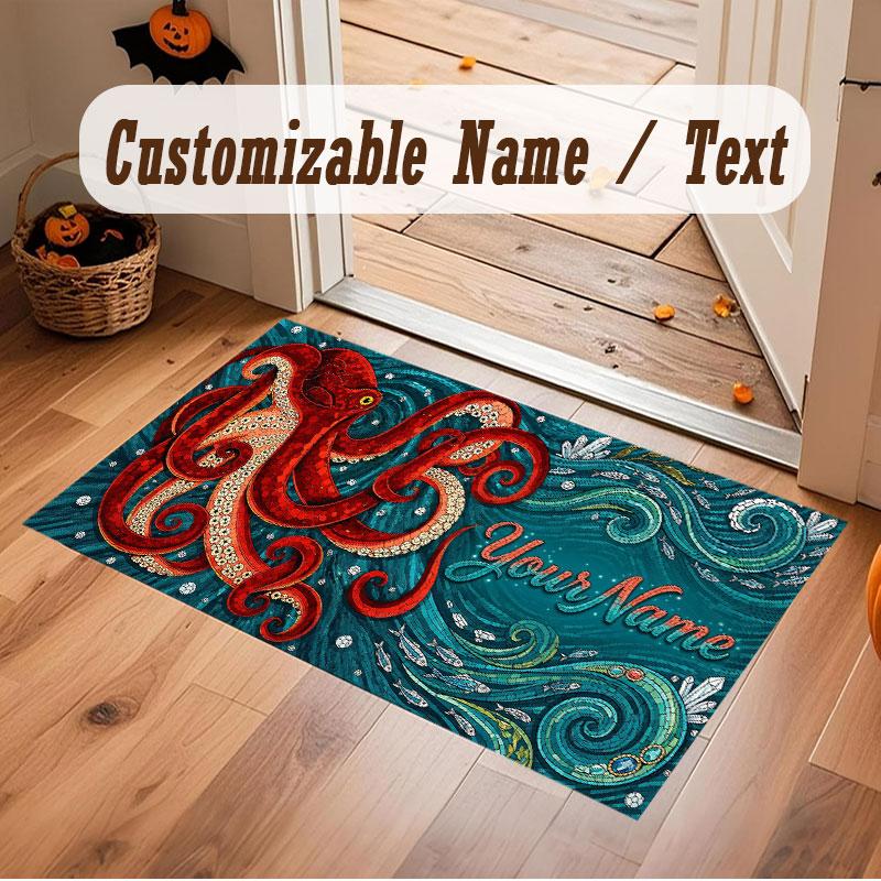 Octopus Sea Life Theme Crystal Velvet Floor Rug Personalized Custom Name Text Warm Carpet Home Decoration