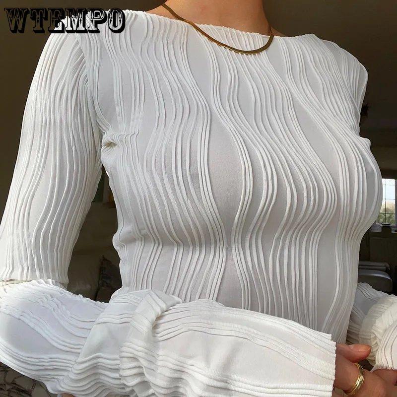 Весенне-осенние однотонные футболки с длинными рукавами и рюшами, женские повседневные белые облегающие черные базовые футболки Y2K, уличные укороченные топы