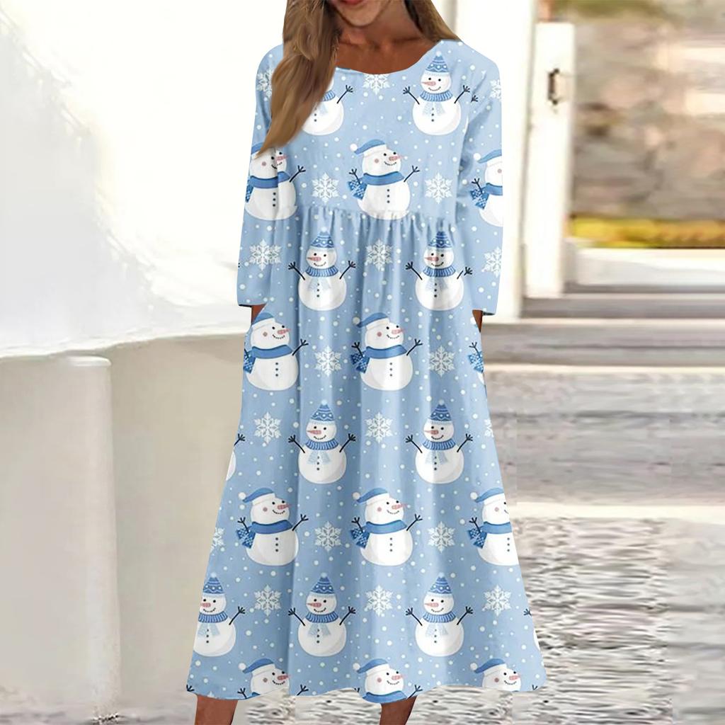 Women's Casual Round Neck Christmas Print Midi Dress Long Sleeve Pocket Dress