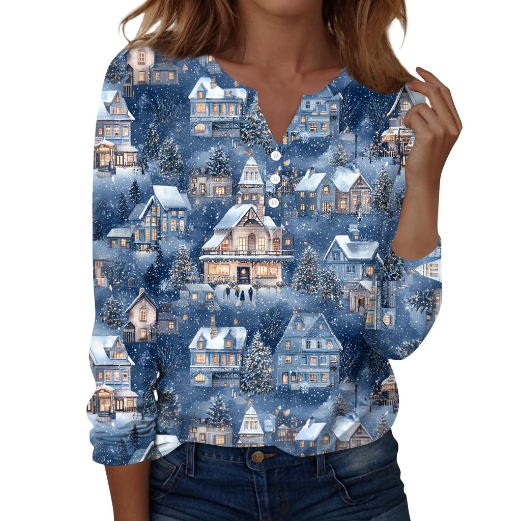 Женская мода Повседневная футболка с V-образным вырезом, длинными рукавами и декоративными пуговицами