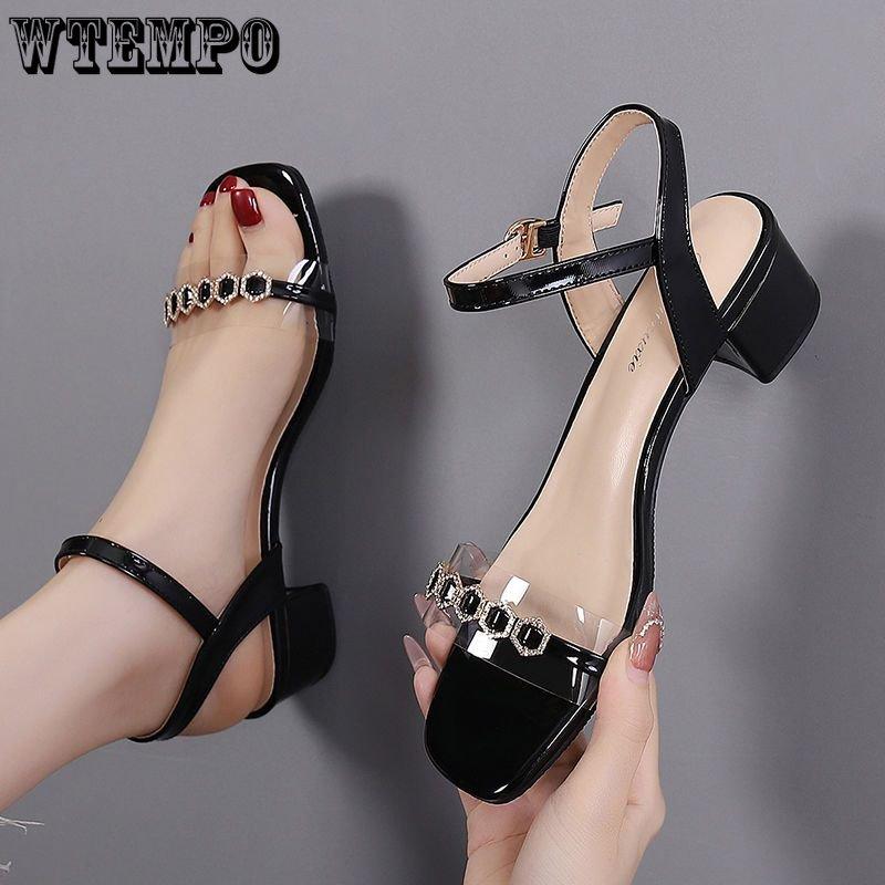 Женская мода Сандалии на высоком каблуке Летние кожаные простые сексуальные сандалии на низком каблуке с квадратной головкой Fairy Wind | Блестки Стразы Пряжка | ПУ Материал
