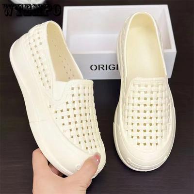 Туфли из ПВХ с ажурной подошвой, женские, большого размера, однотонные, повседневные, водонепроницаемые, нескользящие, мягкие, на толстом каблуке, рабочие туфли