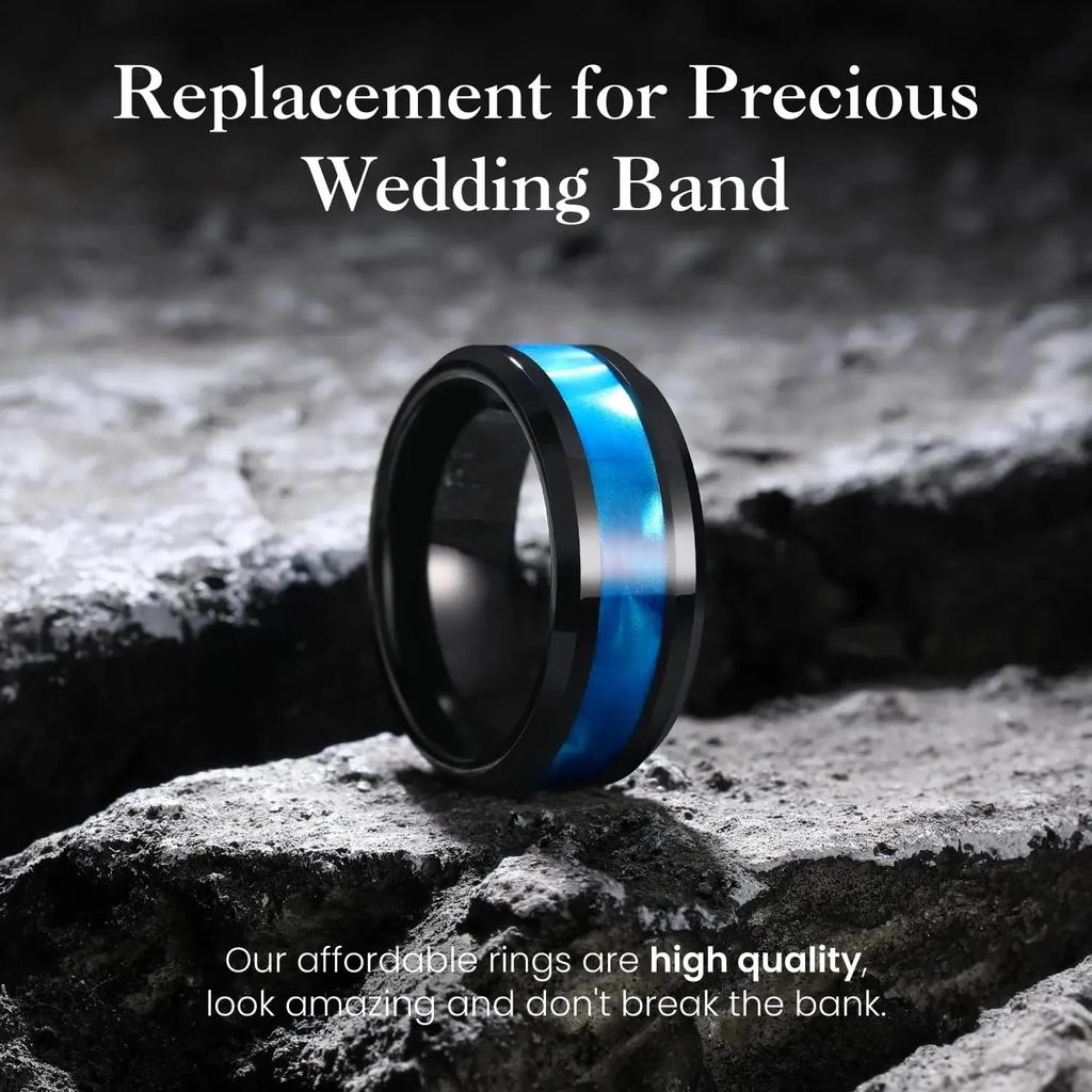 Fashion 8mm Men Black Stainless Steel Rings High Polished Blue Abalone Shell for Men Wedding Party Jewelry Anniversary Gifts
