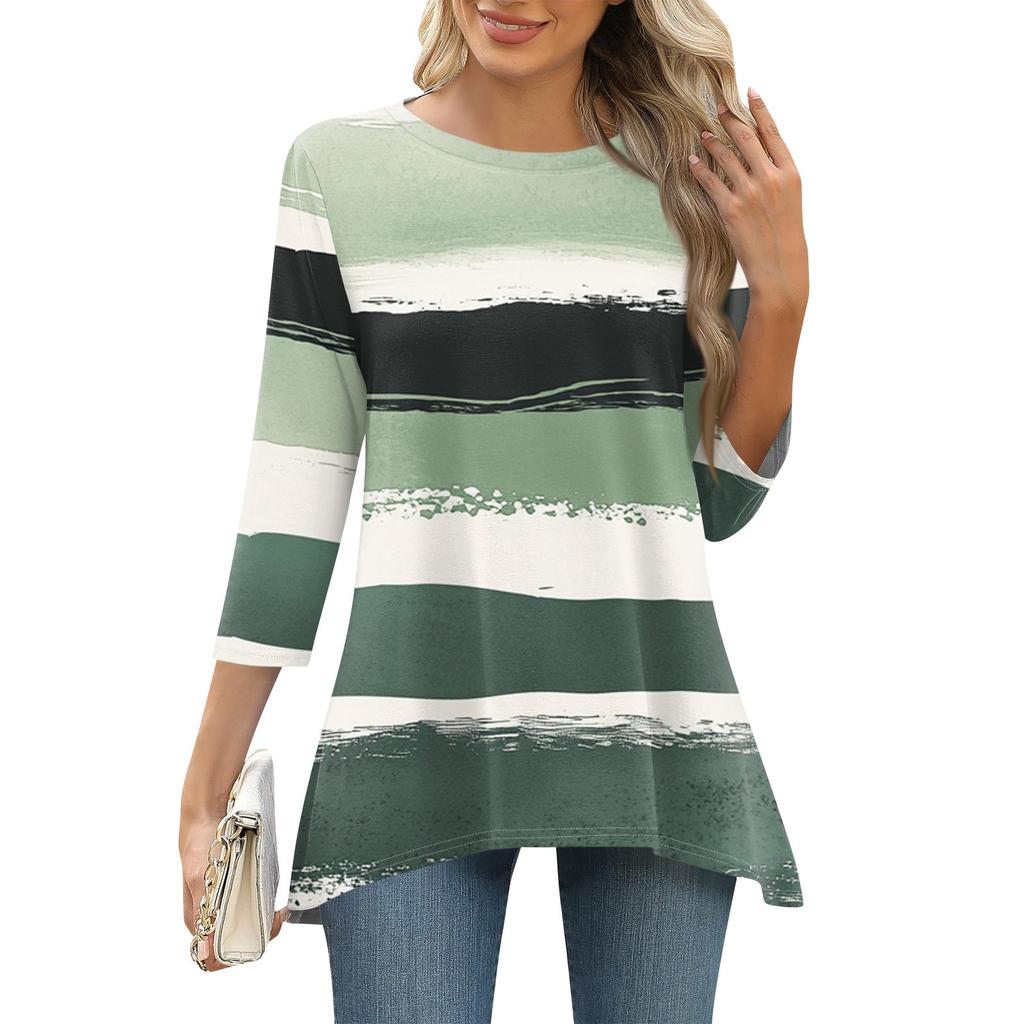 3/4 рукав туника топы для женщин принтованный повседневный выходной свободный крой модная базовая футболка с круглым вырезом