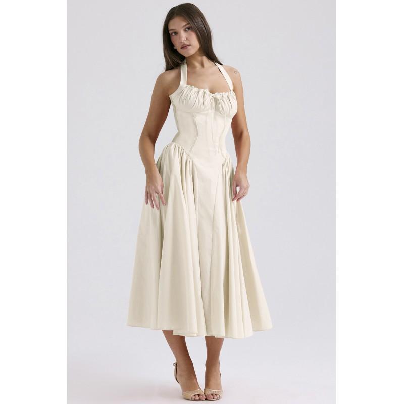 Fit Flare Halter Maxi Dress Floral Print Lace Trim Elegant