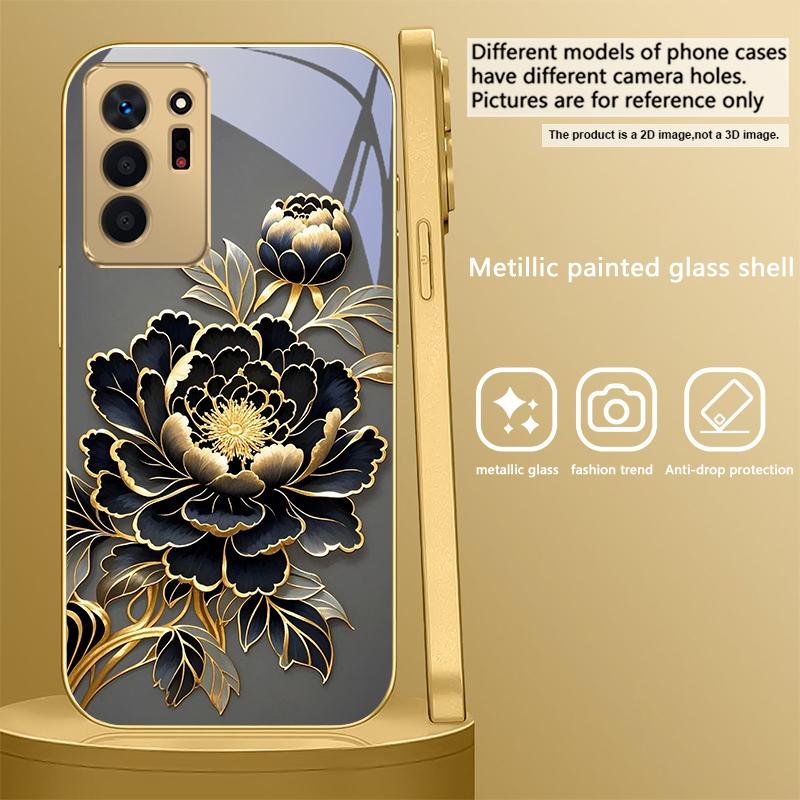 Черно-золотой цветок пиона Для Samsung A 01 52S A04 A05S A10 A12 13 22 23 24 36 42 M02 Note 10 20Ultra 8 9 Золотой стеклянный чехол для телефона