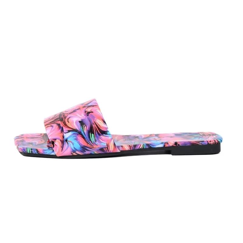 Модная женская обувь 2024 года, новые женские тапочки с открытым носком и квадратным носком, летние разноцветные повседневные пляжные тапочки на плоской подошве большого размера