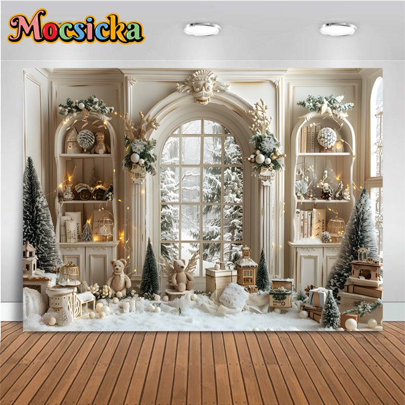 Mocsicka Рождественский Домашний Фон для Фотографии Деревянная Хижина Медведь Окно Зеленая Рождественская Елка Украшение для Вечеринки Детская Фотостудия Фон
