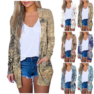 Женский кардиган с длинным рукавом и принтом спереди, легкая куртка с принтом и карманом