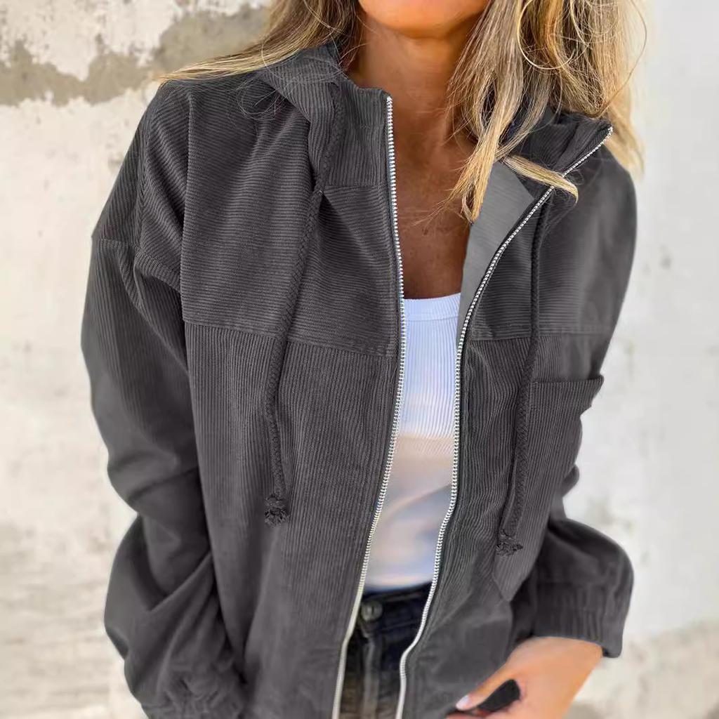 Autumn Ribbed Corduroy Jacket Women Casual Zipper Design Hooded Sweatshirt Coat Women Long Sleeve Outerwear Cardigan
