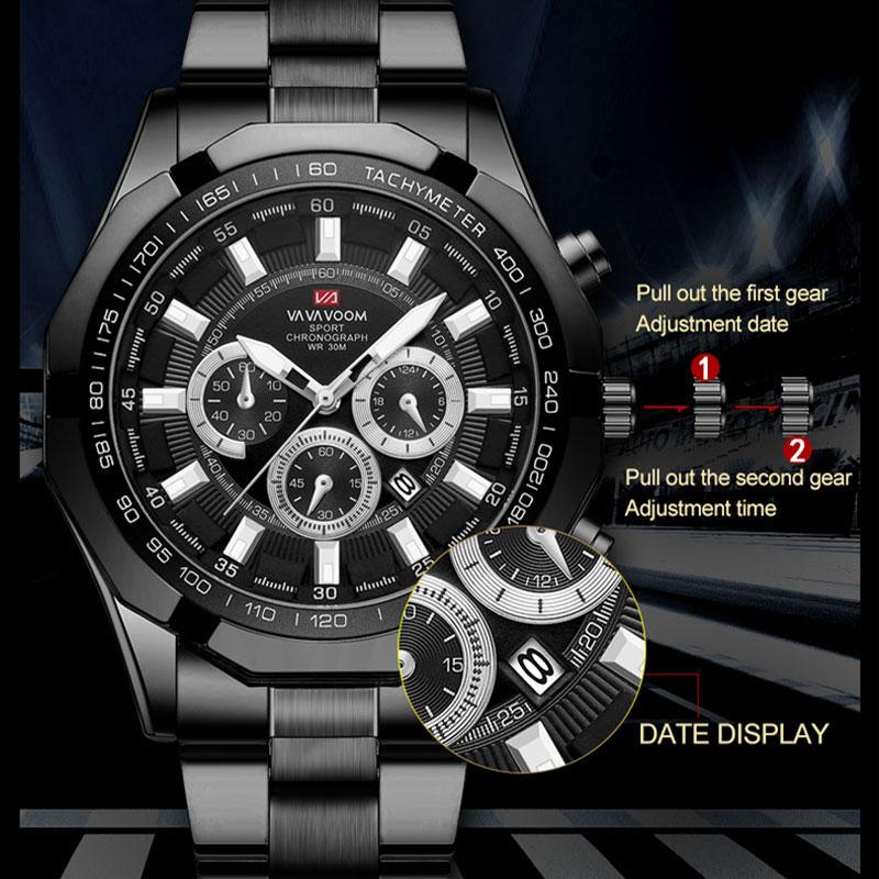 VA VA VOOM Кварцевые наручные часы, модные мужские часы, деловой стиль, ремешок из нержавеющей стали, календарь, циферблат, кварцевые наручные часы