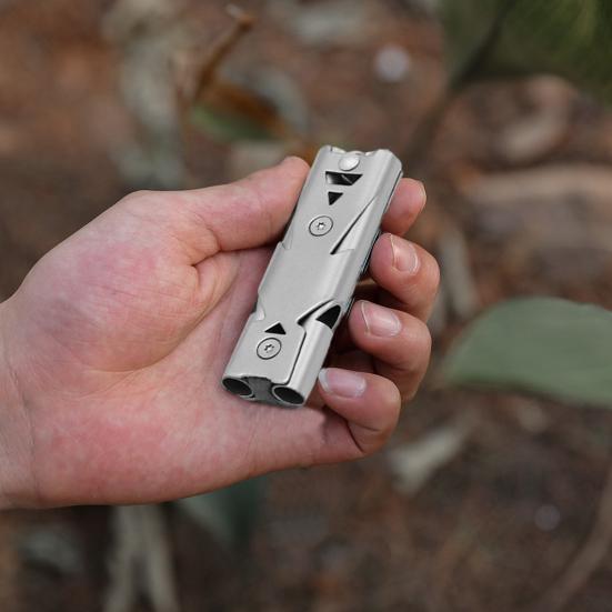 Уличный свисток для выживания с брелоком Двухтрубный 80-150 дБ Высокий децибел Свисток из нержавеющей стали