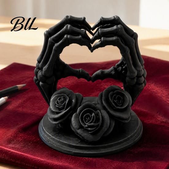 Unique Desk Ornaments 3D Printed Heart Shape Skeleton Hand Ornament, Gothic Rose Skull Statue Niche Style Art Gifts for Home Decor, Dark Romantic
