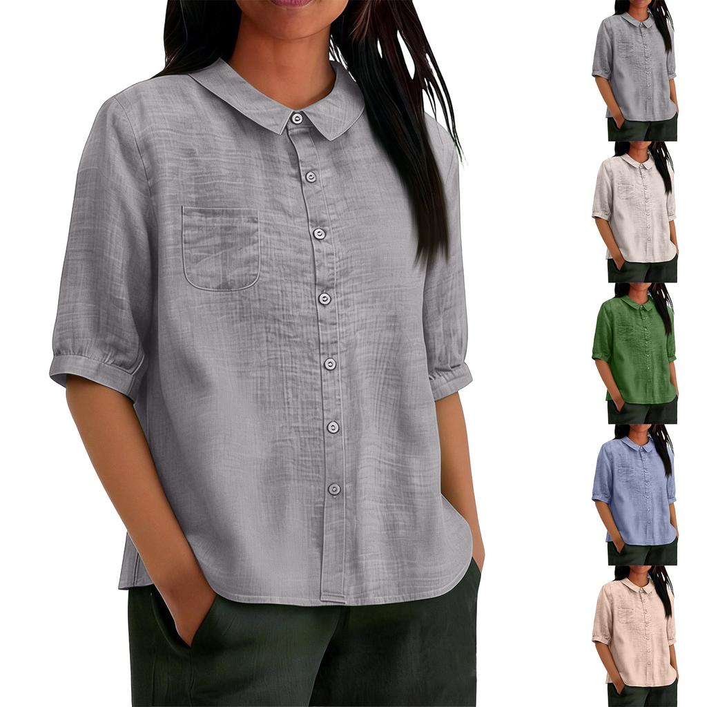 Модная женская свободная хлопково-льняная рубашка в ретро-стиле с воротником, цветная, с коротким рукавом