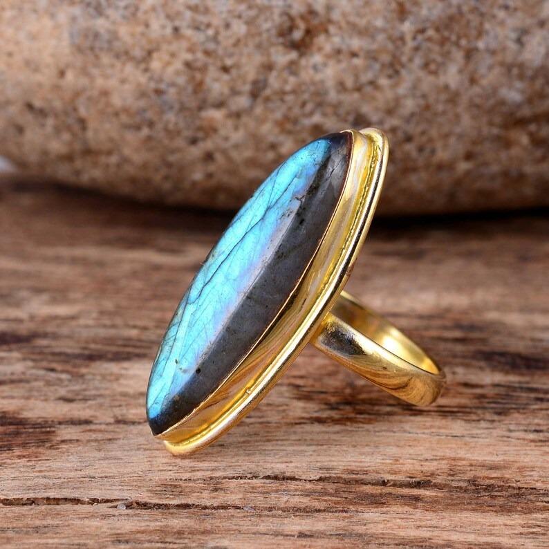 Natural Labradorite Gemstone Ring, Solid 925 Sterling Silver Yellow Gold Ring, Statement Ring, Birthstone Jewelry, Boho Ring