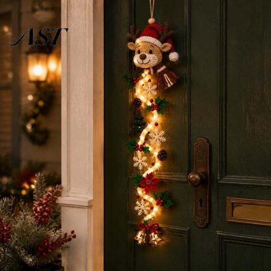Entryway Christmas Festive Decor Glowing Door Hanger, Crochet Spiral Ornament with LED Lights, Snowman Santa Reindeer Custom Yarn Craft Angel
