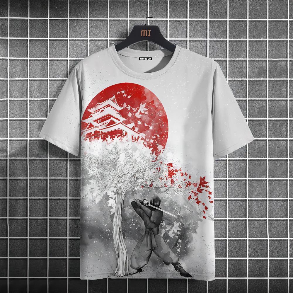 Мужская футболка в японском стиле с рисунком воина, футболки с принтом, повседневные свободные футболки с короткими рукавами, мужская одежда больших размеров, летние топы