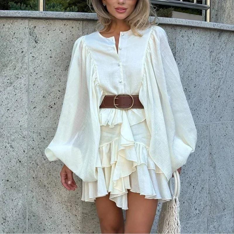 Elegant Solid Layered High Waist Mini Vestidos Women Chic Long Sleeve See Through Ruffles Single Breasted Dress New Street Wear