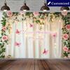 Dreamy Floral Birthday Backdrop, Soft White Curtain Framed by Pink Roses, Vines and Butterflies with Warm Lights, Romantic Party Wall Decor