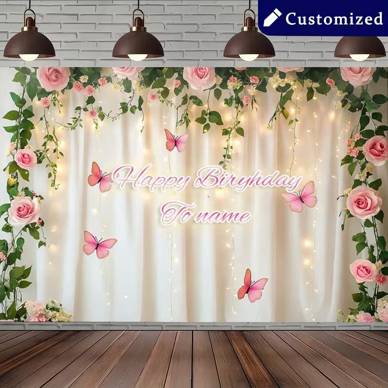 Dreamy Floral Birthday Backdrop, Soft White Curtain Framed by Pink Roses, Vines and Butterflies with Warm Lights, Romantic Party Wall Decor