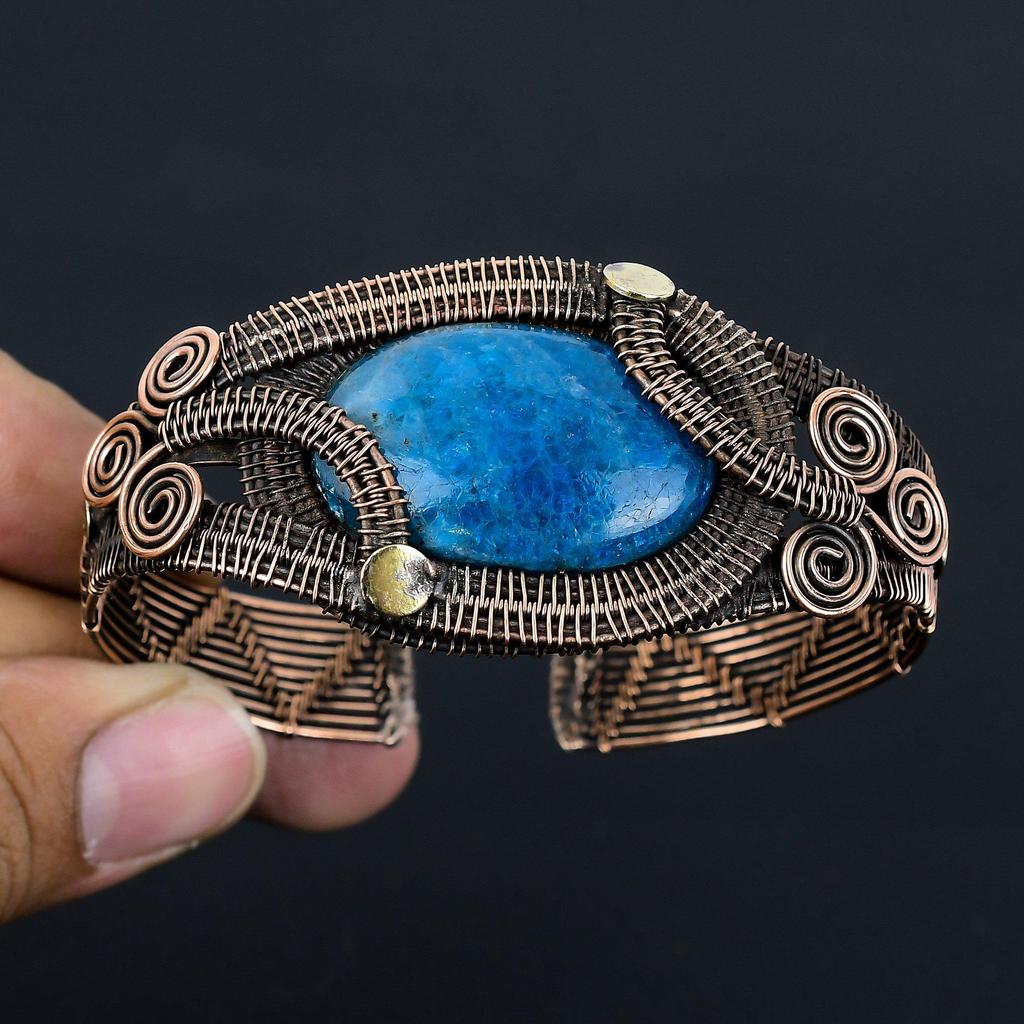 Elegant Neon Apatite Gemstone Pure Copper Wire Wrapped Handmade Cuff/Bangle Jewelry
