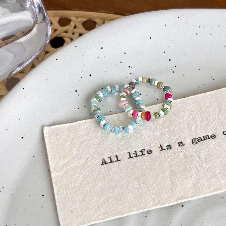 2025 Trendy High-End Colorful Beaded Silver Elastic Ring for Women