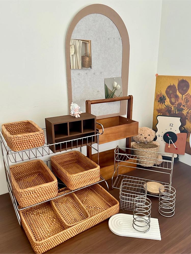Hand-Woven Natural Rattan Storage Basket for Cosmetics and Desktop Organizing with a Retro High-End Feel
