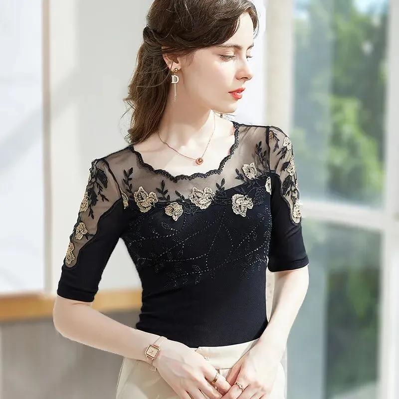 Women's Summer Thin Lace Bottoming Shirt Mid-sleeved Fashion Diamond Stretch Rose T-shirt Top