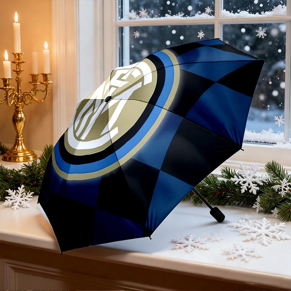 Automatic Umbrella with Vintage Inter Milan Blue Black Crest Silk Print, Classic Soccer Umbrella for Men, Outdoor Rain Gear