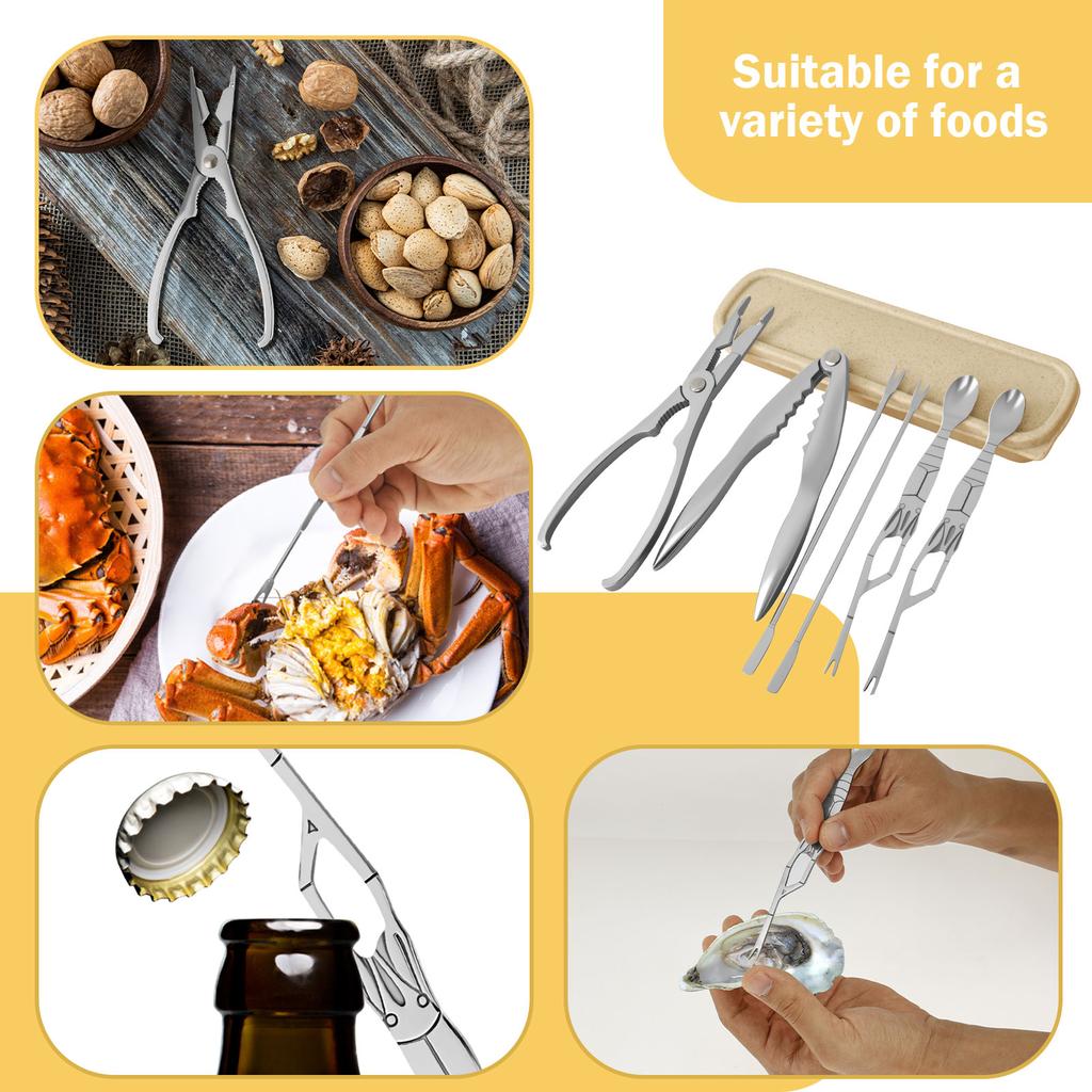 6 Pcs Stainless Steel Seafood Tool Kit With Crab Cracker And Picks Anti-rust Crab Lobster Oyster Claw Pliers Kitchen Utensil